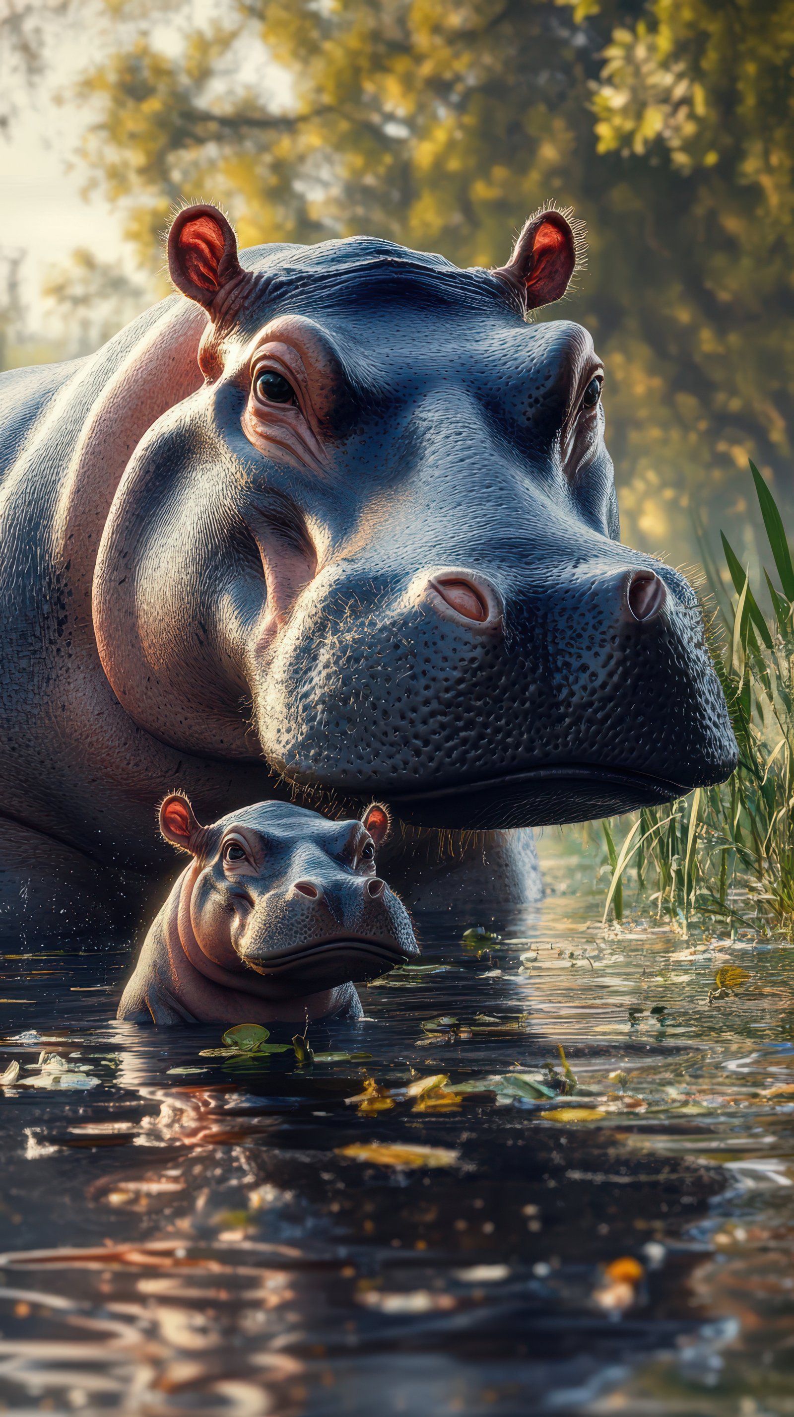 Hippos interacting in shallow water during a sunny day in a serene natural habitat